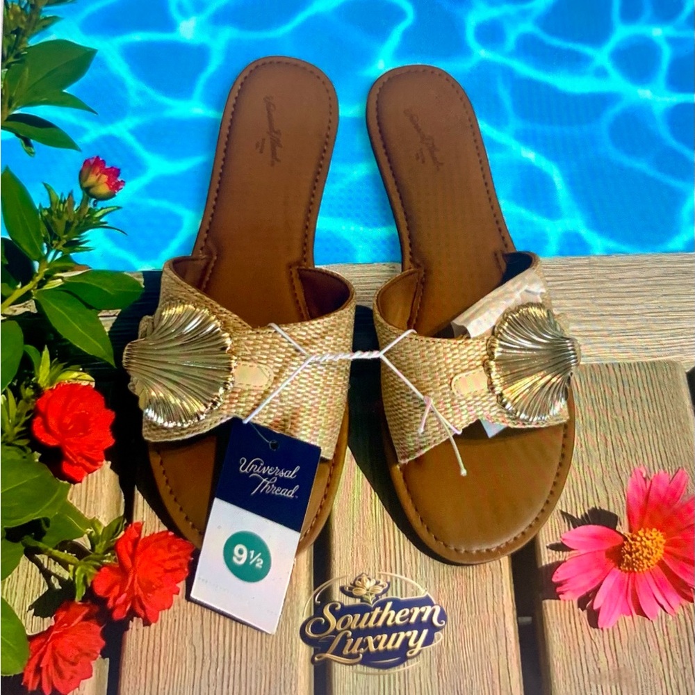 Universal Thread Gold Raffia Slide Sandals 9.5 NEW | Resort Vacation